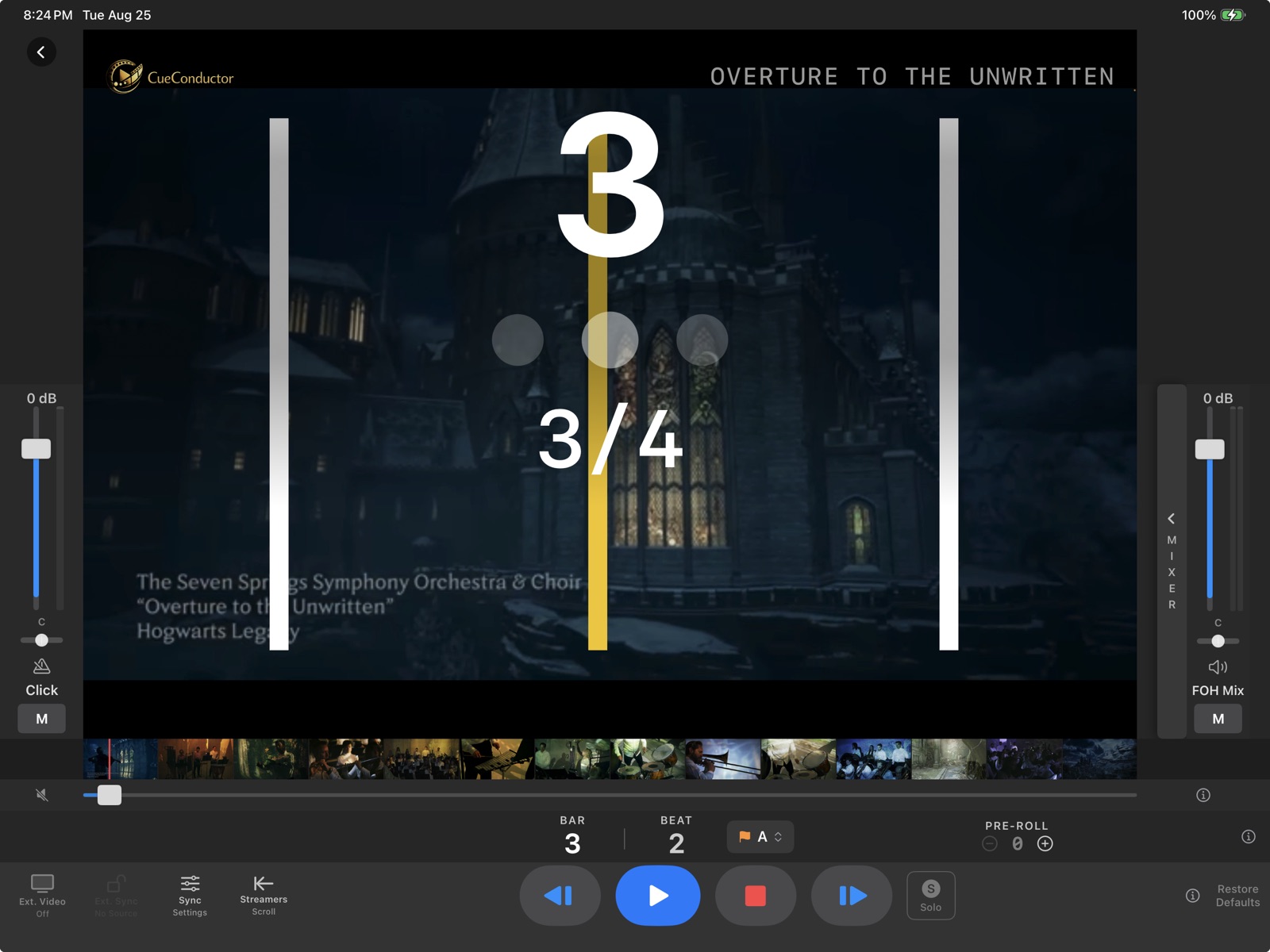 CueConductor performance view over scoring video — bar and beat counter, 3/4 time signature, and colored streamers approaching a punch