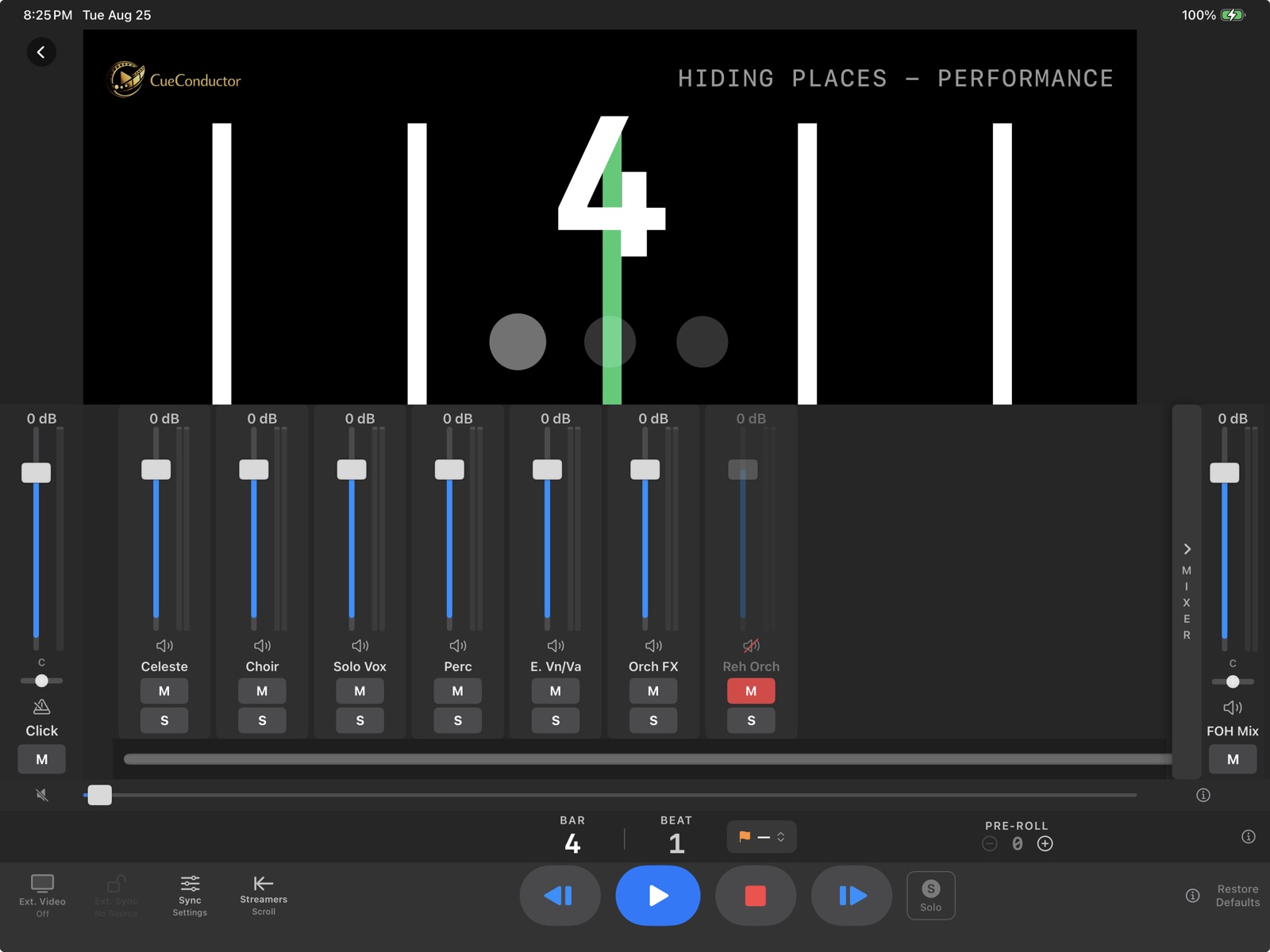 CueConductor stem mixer with individual faders, solo, and mute controls for every stem