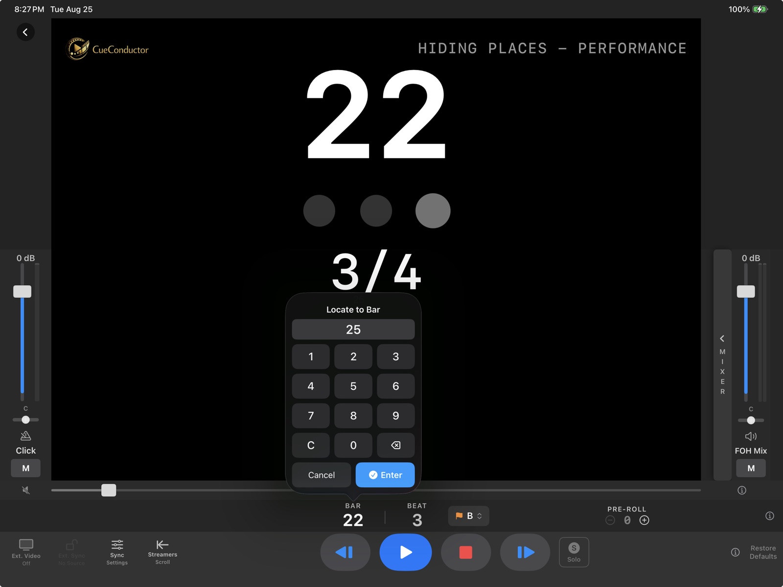 CueConductor locate to measure — numeric keypad with Jump & Pause and Jump & Play
