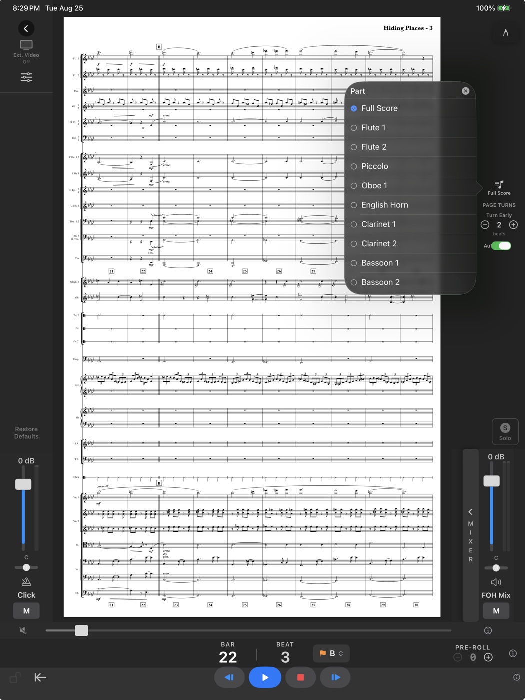 CueConductor part picker open over a score page, listing every instrument part in the cue