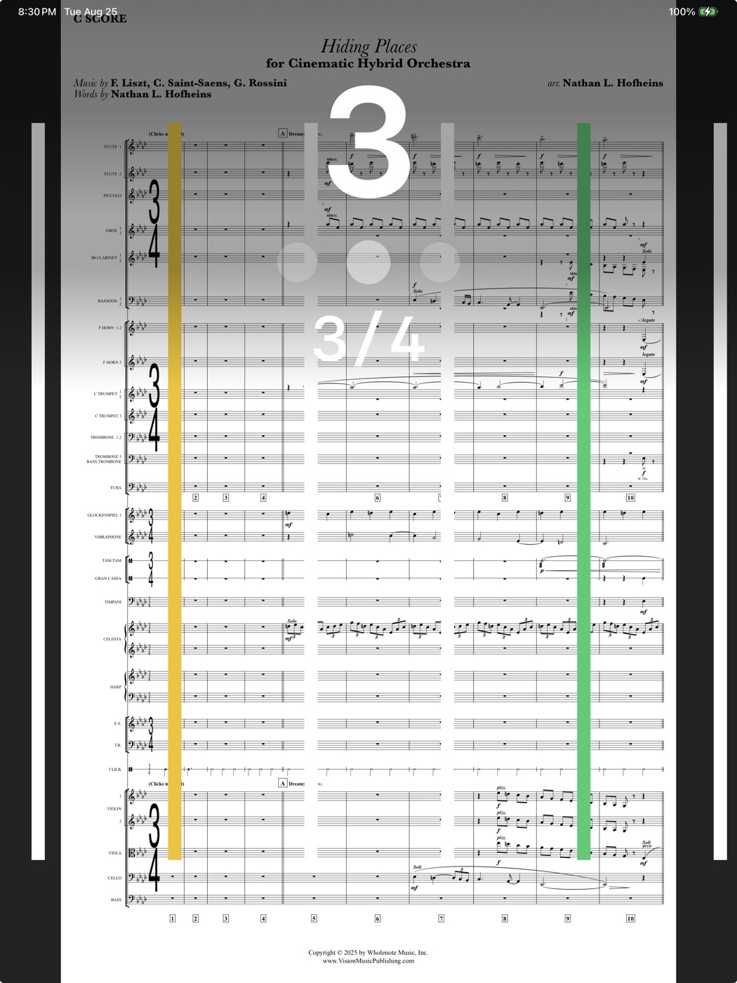 Full C score in CueConductor with the conductor overlay — counter, beat dots, and gold and green streamers flying over the page