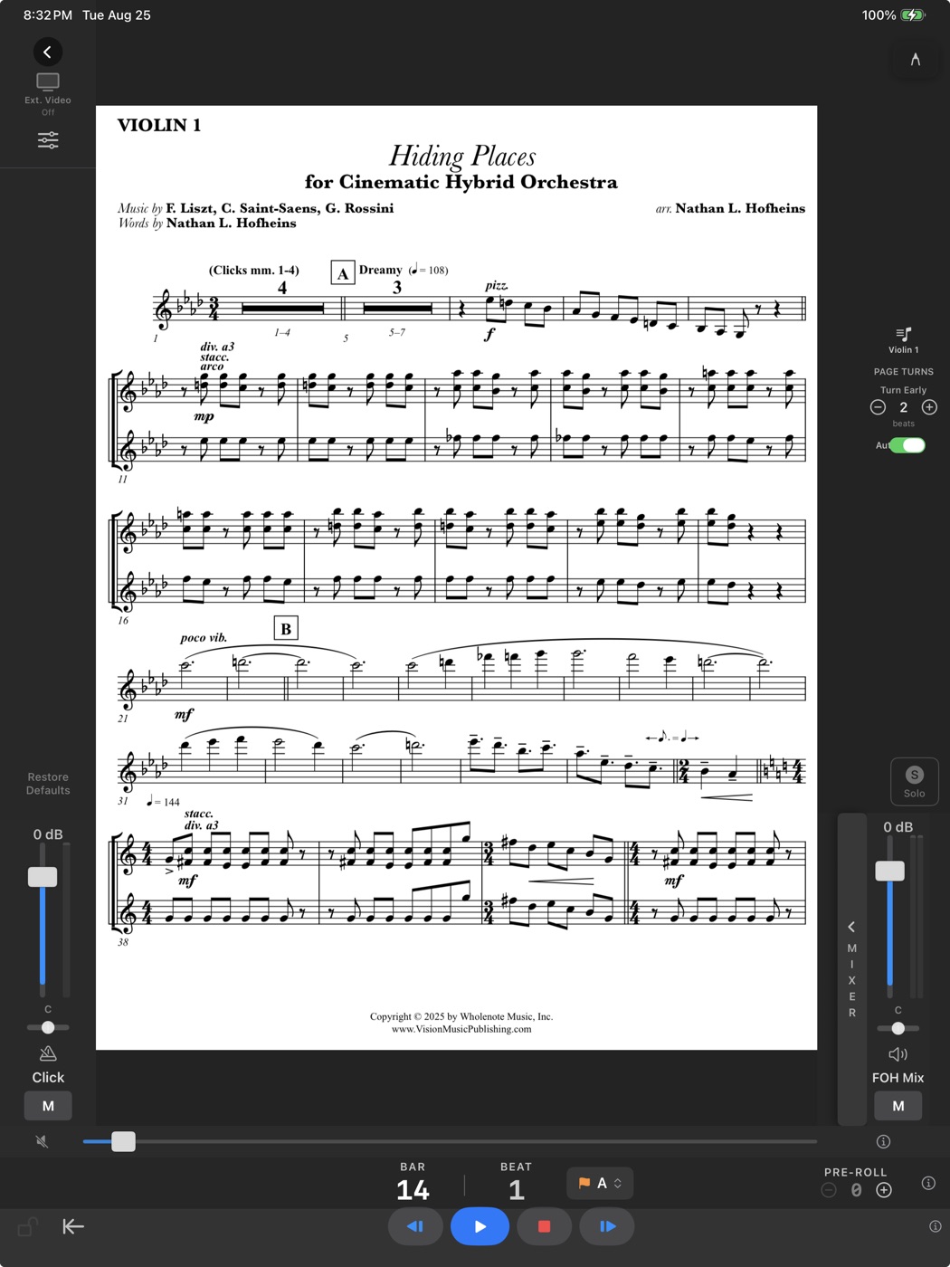 A Violin 1 part in CueConductor with the page-turn panel showing Turn Early set to two beats