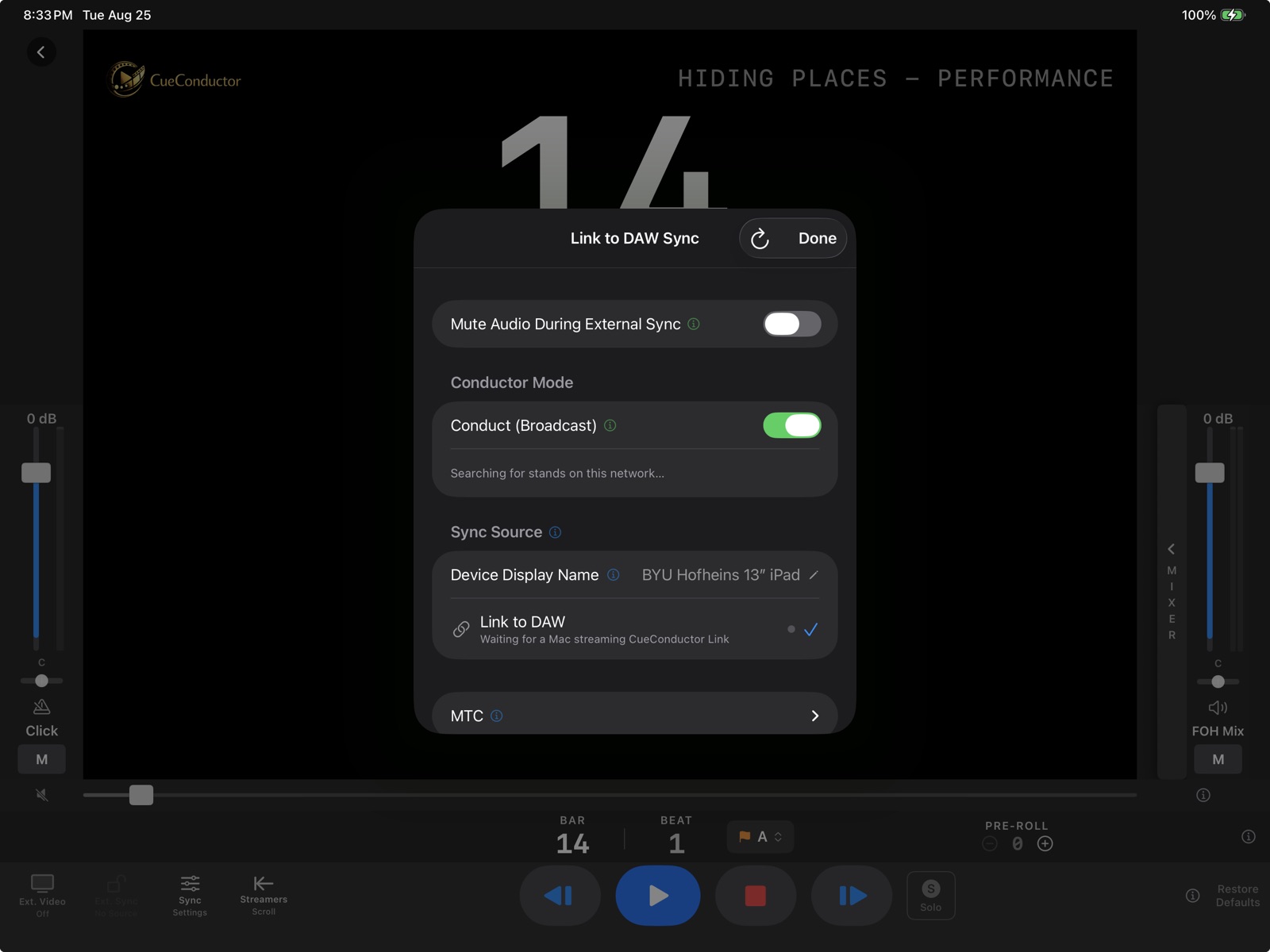 CueConductor sync settings with Conduct (Broadcast) switched on and searching for stands on the network