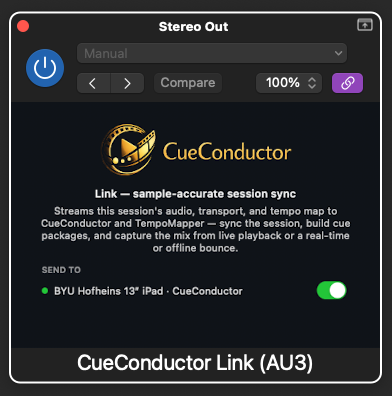 CueConductor Link AU3 plug-in window in Logic, streaming the session to a named iPad