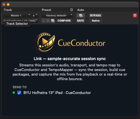 CueConductor Link AAX plug-in window in Pro Tools