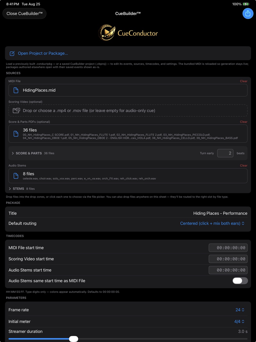 CueBuilder in CueConductor — MIDI, stems, score PDFs, and scoring video assembled into a package