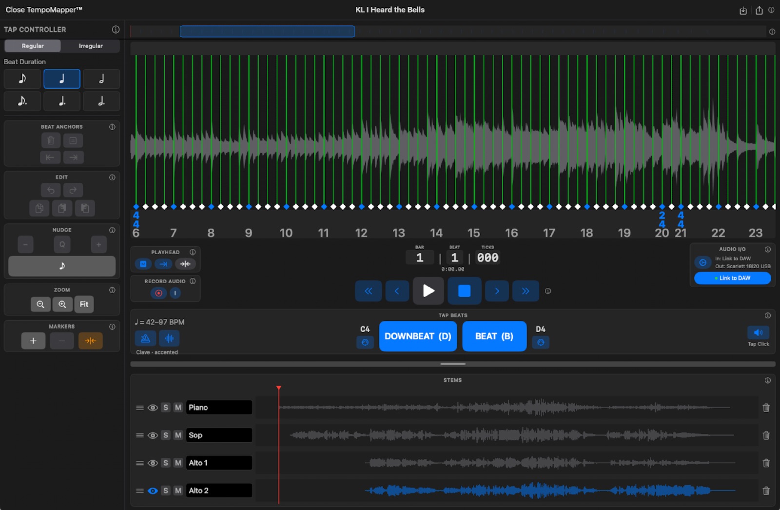 TempoMapper building a beat grid against a recorded audio waveform